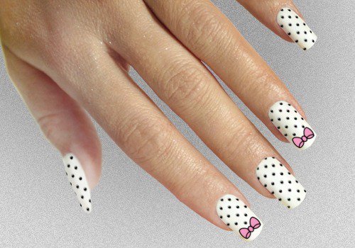 nailartrtk's tweet photo. White Nails Black Polka Dots Pink Bows Nail Art Design #nailart https://t.co/HqqkGVSbGV
