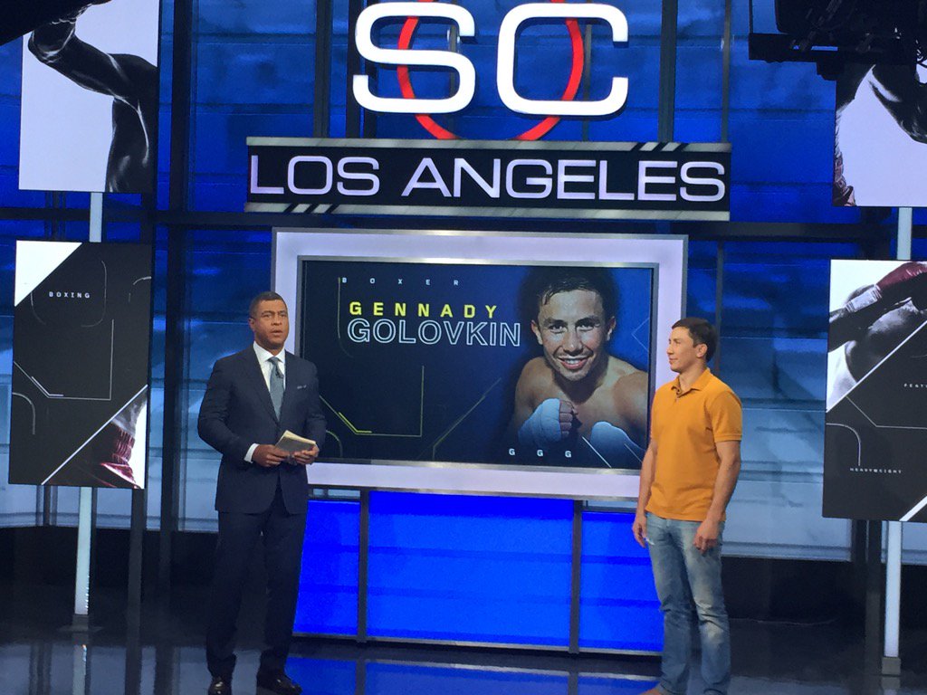 TomLoeffler1's tweet photo. @GGGBoxing was a big hit last night on @SportsCenter with @stanverrett getting ready for April 23 @theforum https://t.co/thEocH1YrR
