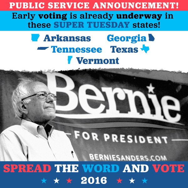 TexasForBernie's tweet photo. Early Voting is NOW to 2/26! Hit the polls &amp; post selfies w "I Voted" sticker! https://t.co/cPG6ri8PRd #VoteTogether https://t.co/CMTvZjvnua