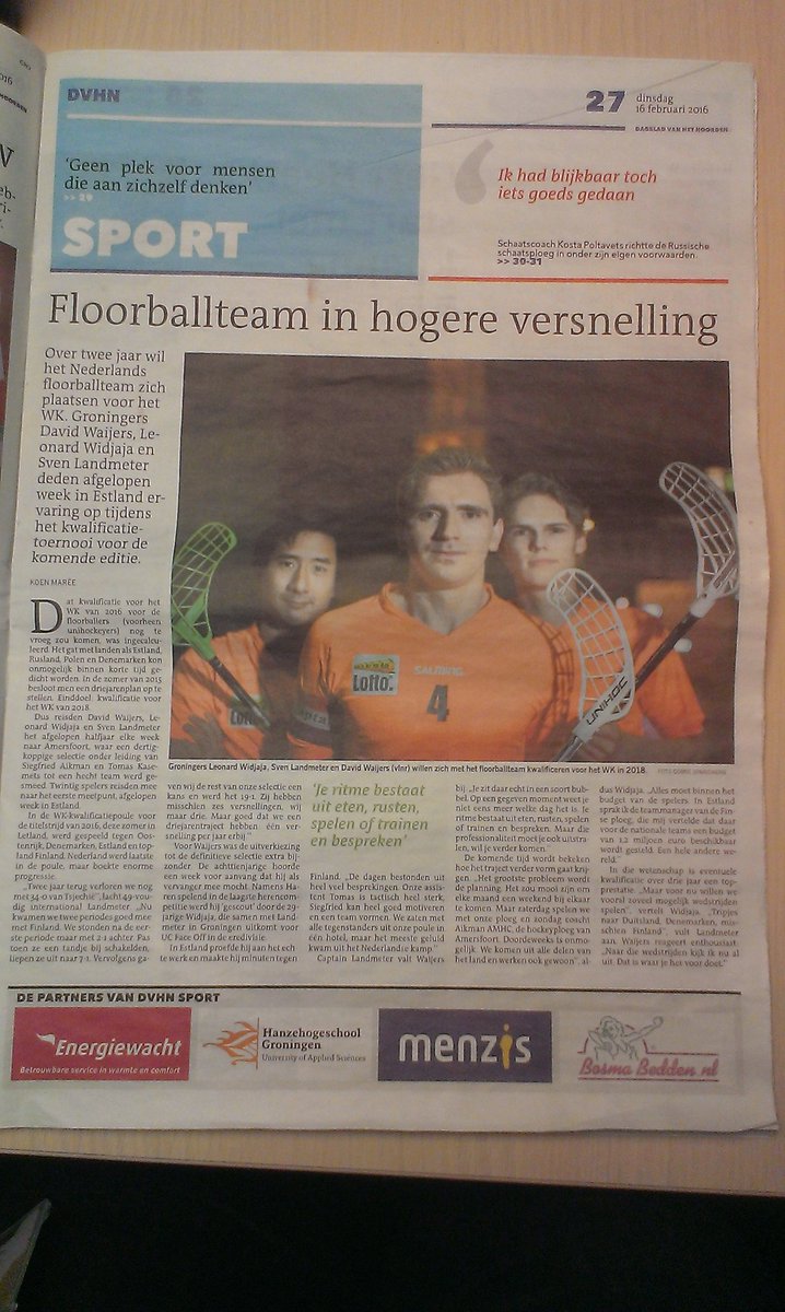 Big article about Dutch #floorball mens team with picture of FO-players Sven and Leonard, &amp; <a href="/HSVHaren/">HSV Haren</a> player David!