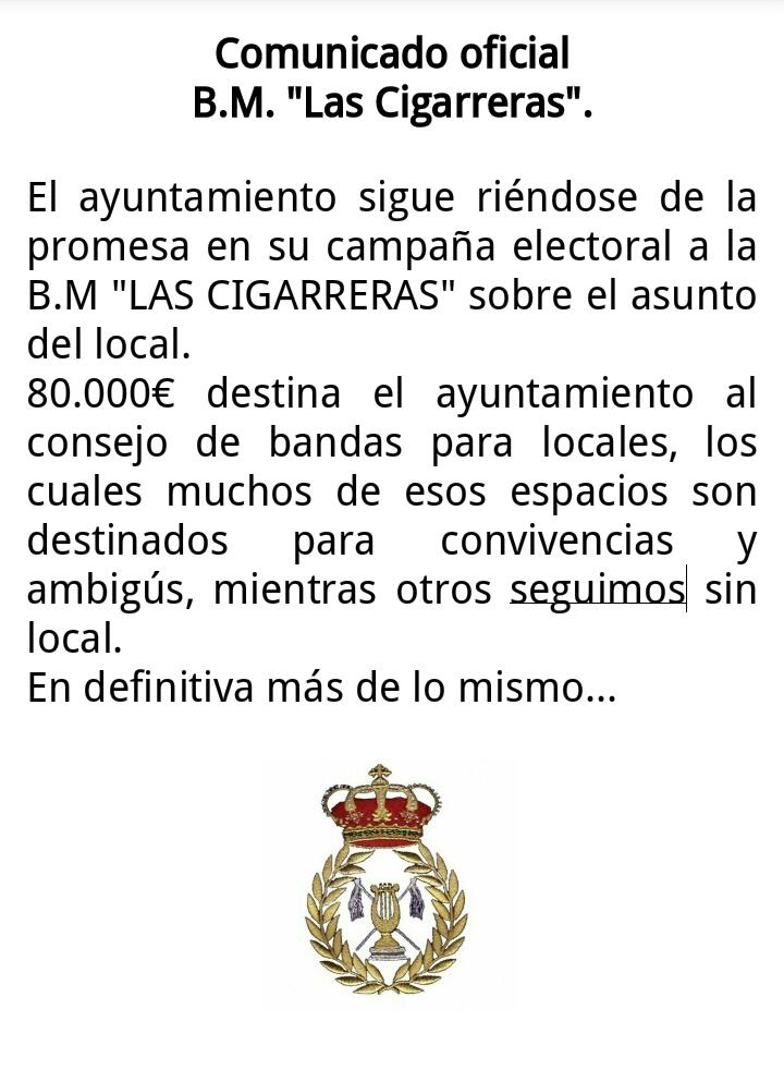 BMLasCigarreras's tweet photo. Esta es la situación en la que sigue nuestra Banda. Por favor RT https://t.co/Mk62syVegh