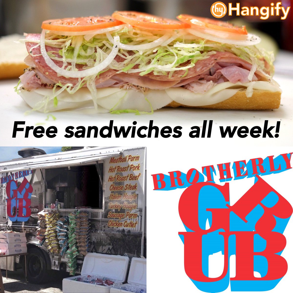 Hangify's tweet image. Have Hangify? Stop by Brotherly Grub for a free sandwich! Details: Facebook.com/Hangify