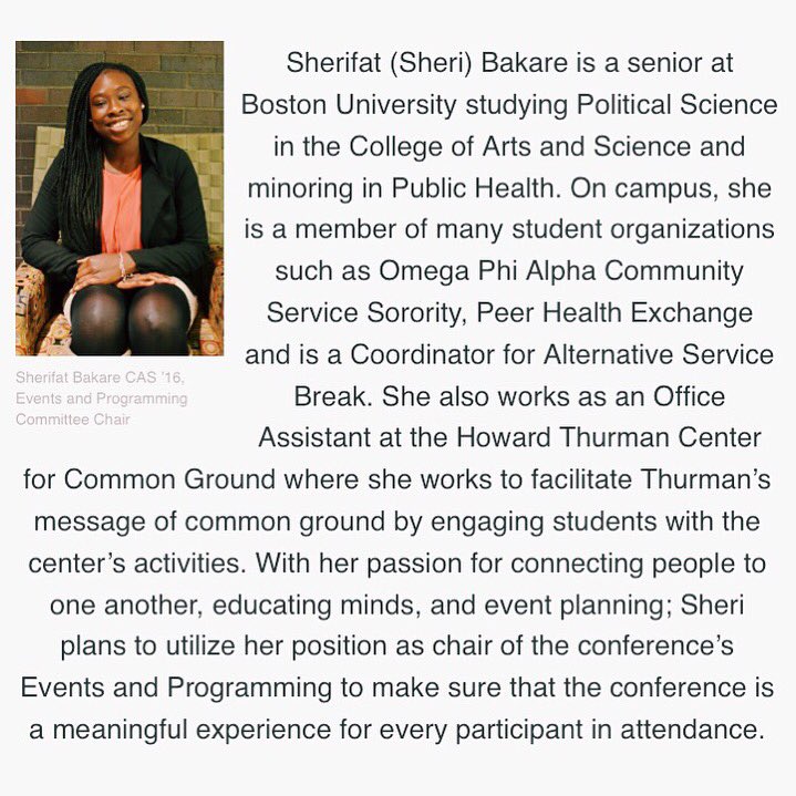 BUnitedConf's tweet photo. Meet Sheri Bakare CAS '16, the BUnited Events &amp; Programming Committee Chair! #BUnited2016 #uniteBoston @sheriiib https://t.co/7358PASPbl