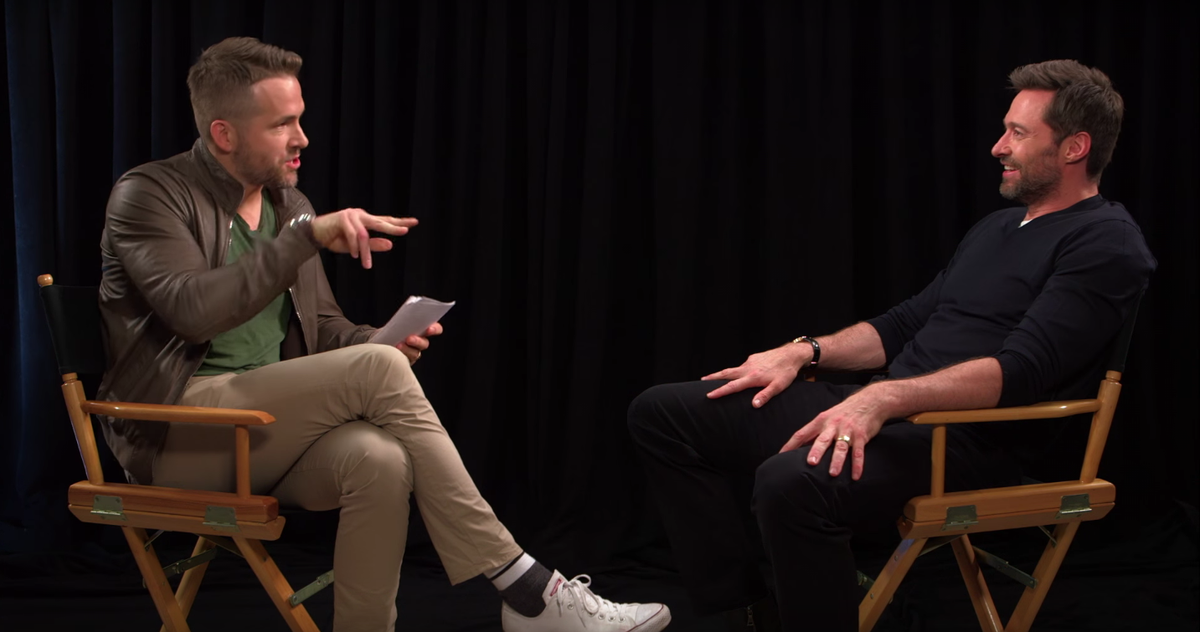 Collider's tweet photo. Watch Hugh Jackman reunite with current cultural juggernaut, Ryan Reynolds, riff on X-Men: https://t.co/B72yAd8gUh https://t.co/GQaK38rf2a