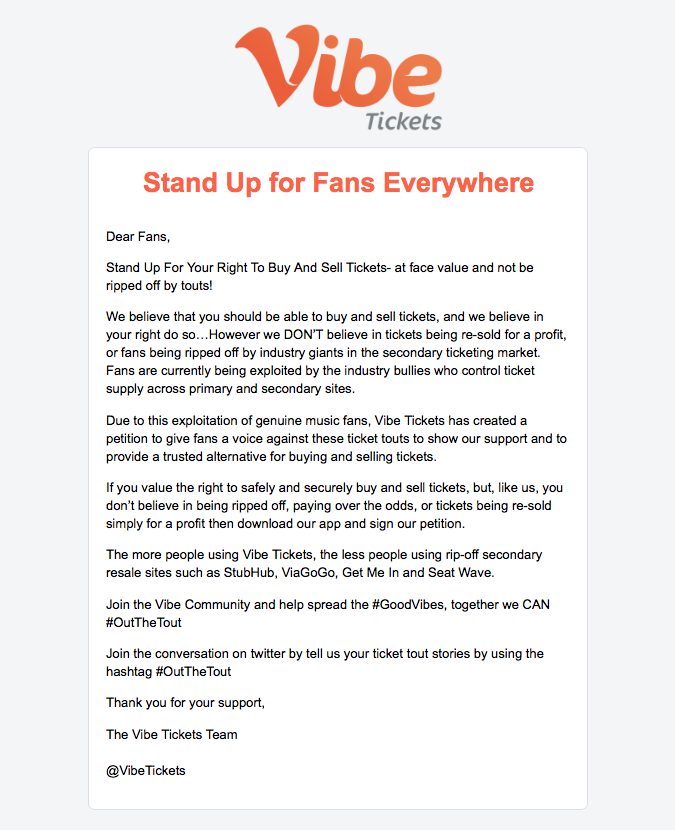 VibePayFriday's tweet photo. We think @StubHub's email asking fans to support touting is wrong! Here's our response. RT if you share our view ✌️ https://t.co/PBvcMOYyVI