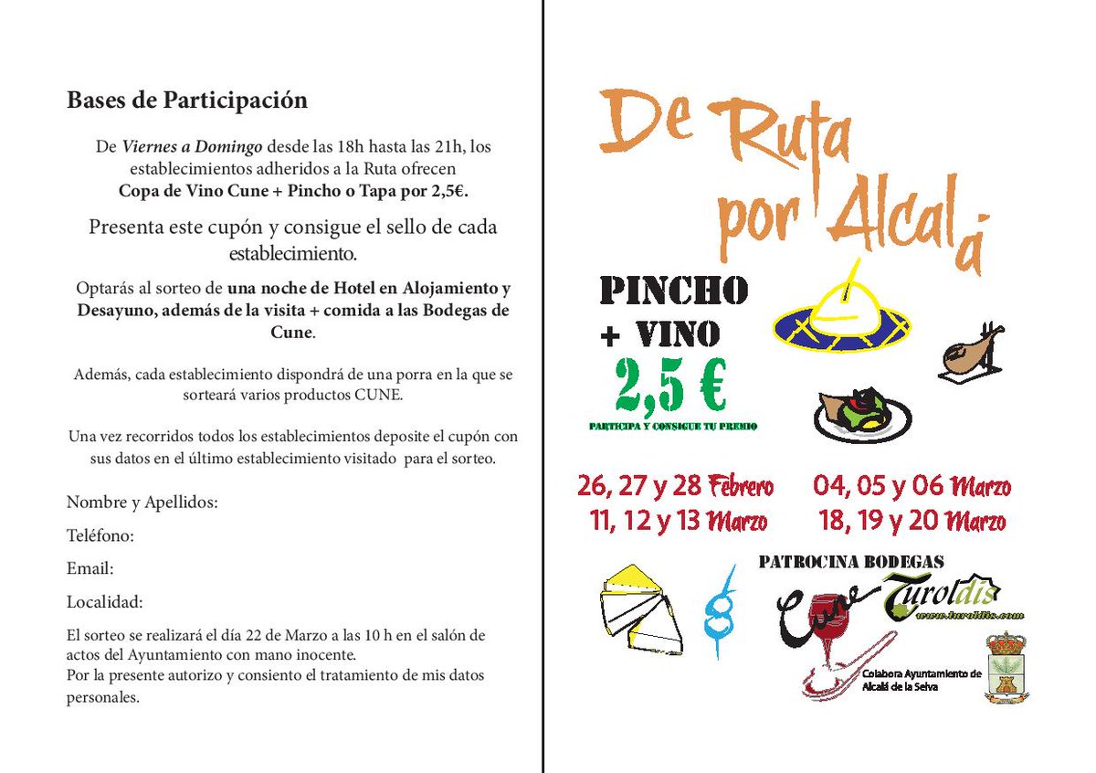 ALCALAINOS's tweet photo. Disfruta de la #gastronomiaturolense en #Alcaládelaselva. Pincho + vino 2.5 € Te esperamos! https://t.co/c8scWtlDYb