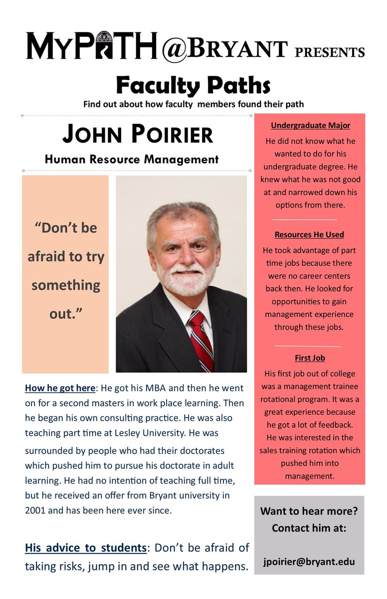 BryantMyPath's tweet photo. Interested in Human Resource Mgt?Come meet Professor John Poirier tomorrow at the MyPath showcase! #room247 https://t.co/JCqIgB7fSw