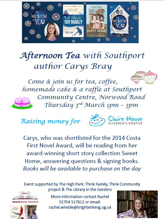 HPTFTC's tweet photo. Afternoon Tea with Southport author @CarysBray Thurs 3 March 1pm - 3pm raising money for @ClaireHouse #seftonhour https://t.co/PJUoeJmxDx