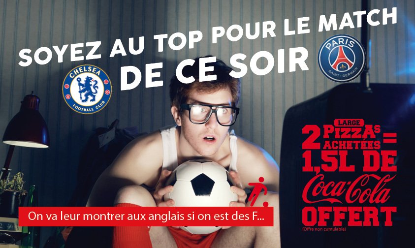 PizzaPasCher's tweet photo. #PSG #Chelsea #BeauMatch #BelleOffre sur pizzapascher.fr, la Bouteille de #CocaCola offerte pour 2 Larges achetées! https://t.co/5XDSDHKLUm