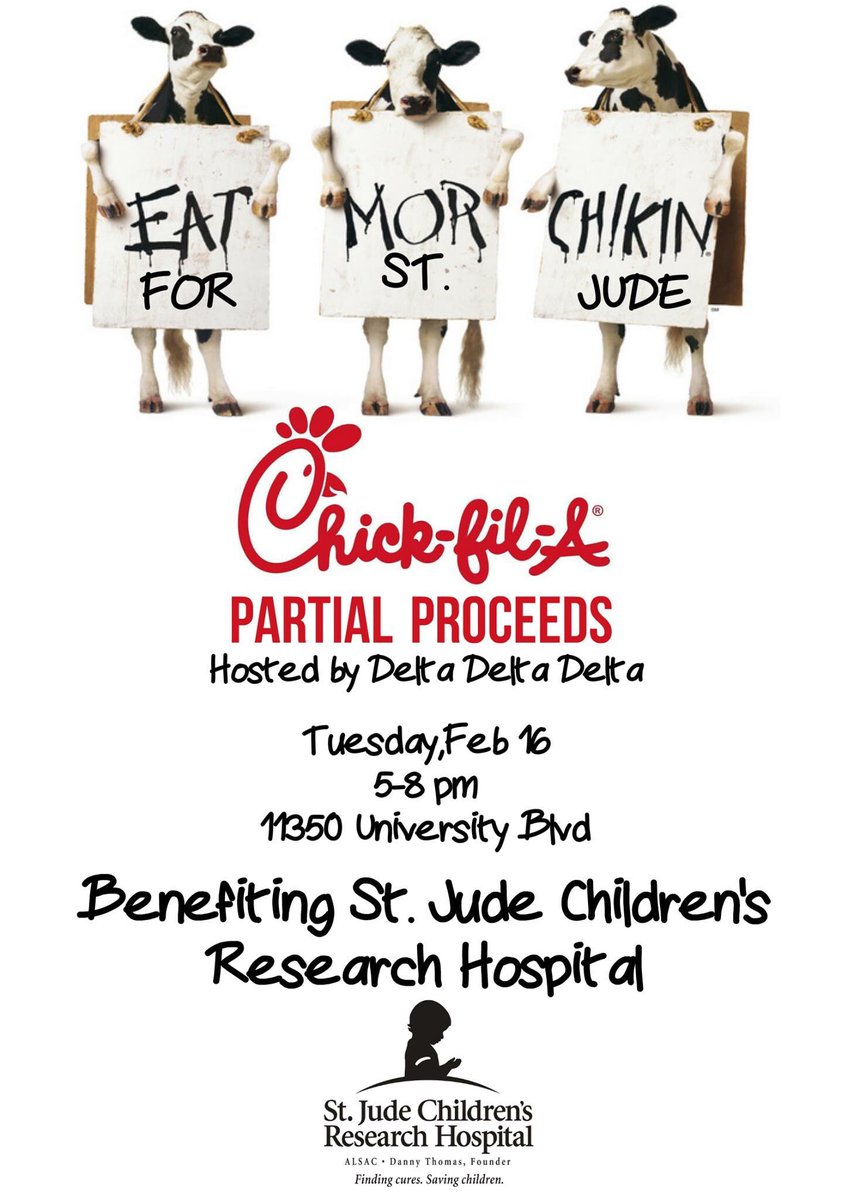 UCFTriDelta's tweet photo. Come eat mor chikin at our partial proceeds tonight! 15% of proceeds goes to @StJude Children's Research Hospital! https://t.co/LHJ1bC035l