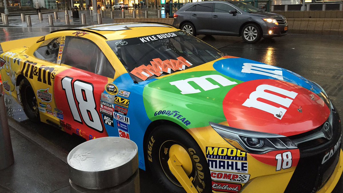 NASCARONFOX's tweet photo. Looks like @KyleBusch's No. 18 ran into some trouble in #NYC. #DaytonaDay #NASCAR @JoeGibbsRacing https://t.co/pN4pstl8nW