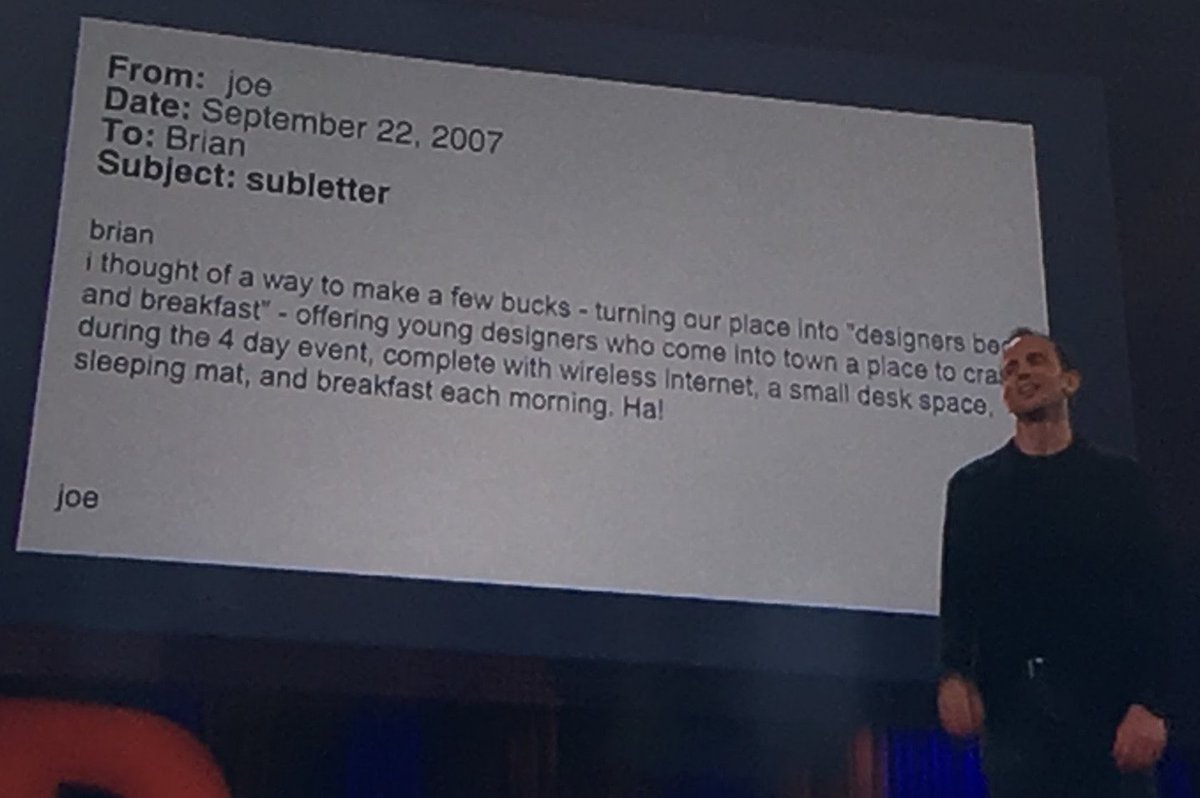 Bill_Gross's tweet photo. Here is the email that started Airbnb. Shown onstage at #TED #TED2016 https://t.co/A2ZF9Epcxj