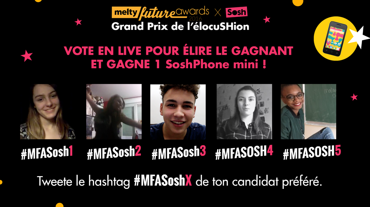 MFA's tweet photo. Votez pour votre finaliste préféré du concours #MFASosh2016 et tentez de gagner un SoshPhone mini ;) https://t.co/nNsbYmyyCt