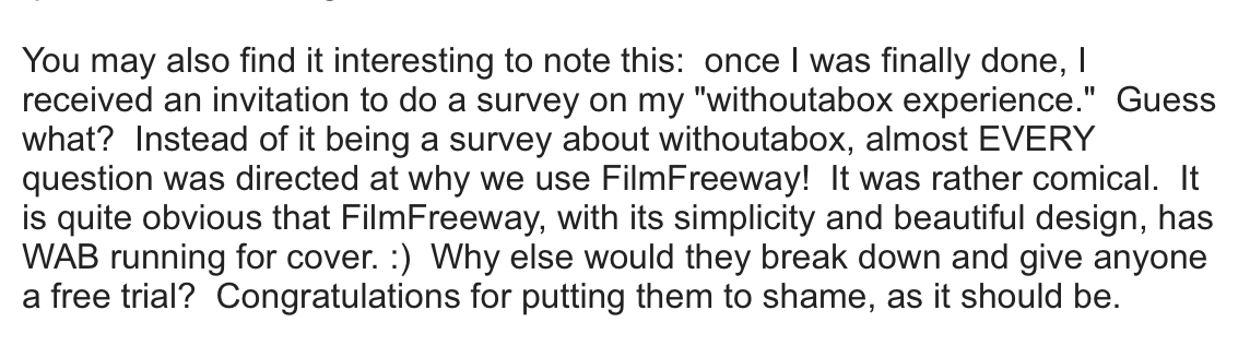 FilmFreeway's tweet photo. An email from a festival about WAB's new survey.
Free tip, WAB: don't gouge filmmakers at every turn for 15 years ;) https://t.co/s9vupc5Cje