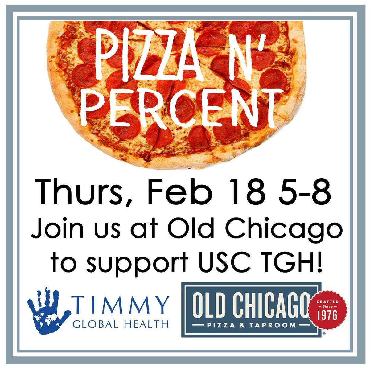 USCTimmy's tweet photo. Pizza is always a good idea, but especially this Thursday! Come out to Old Chicago for TGH Percent Night! https://t.co/HiRH8Dh1l5