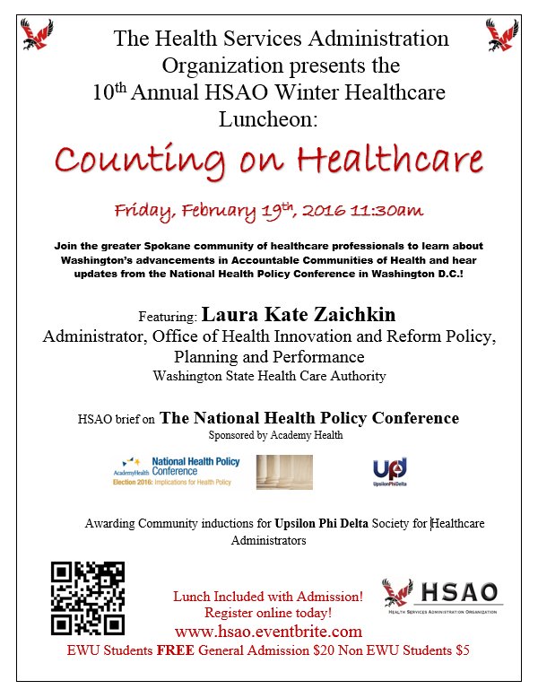EWU Health Services Administration Organization luncheon Friday! Lunch + healthcare reform = a good end to the week!