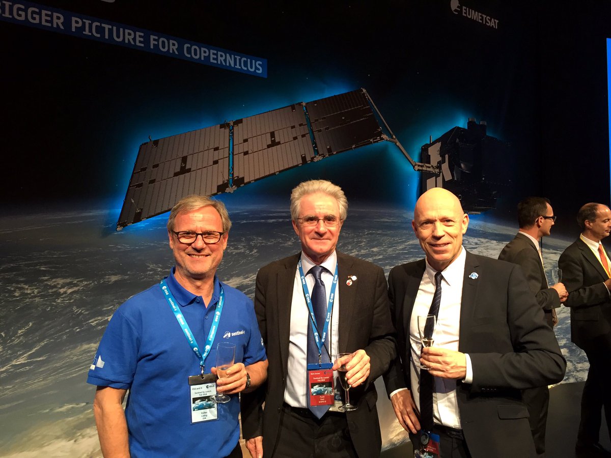 esaoperations's tweet photo. #Sentinel3 safely in orbit - very happy @esa-Directors Rolf Densing &amp; Volker Liebig toasting with H/Ops Paolo Ferri! https://t.co/dQIDzdXnxv
