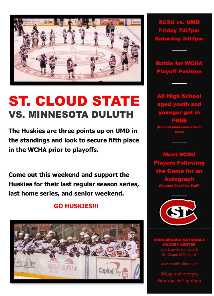 SCSUHuskies_WHK's tweet photo. Last Home Series, Senior Weekend, WCHA Battle! Come out and support your Huskies!! #friday7:07 #saturday3:07 https://t.co/5BNnt59eOl