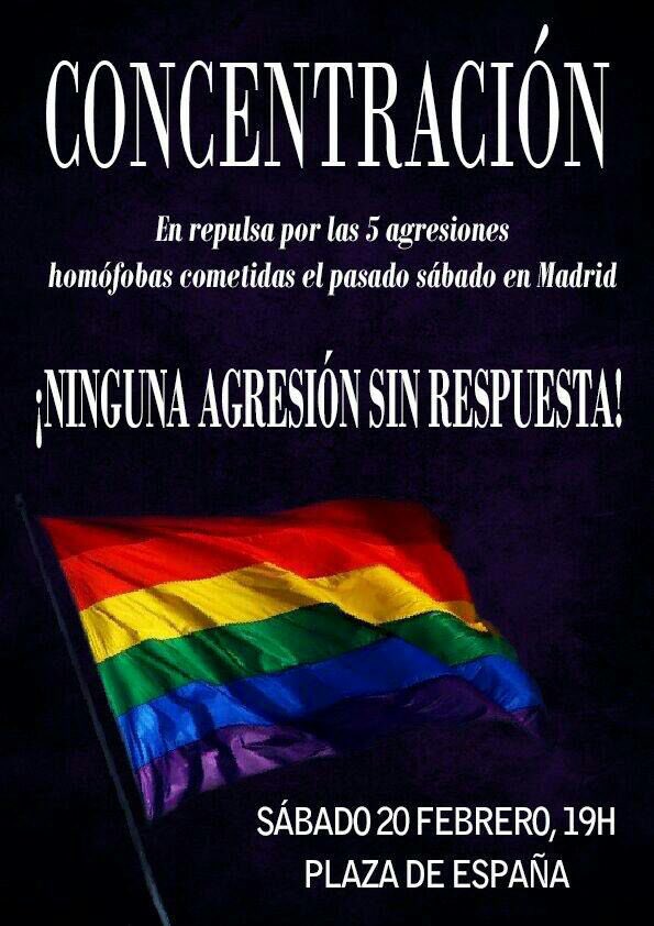 La_IzqLGTBI's tweet photo. ¡Ninguna agresión sin respuesta! Ante las agresiones homófobas, nos unimos el sáb. 20 feb. 19h Plz. España, Madrid. https://t.co/XBjaoejRez