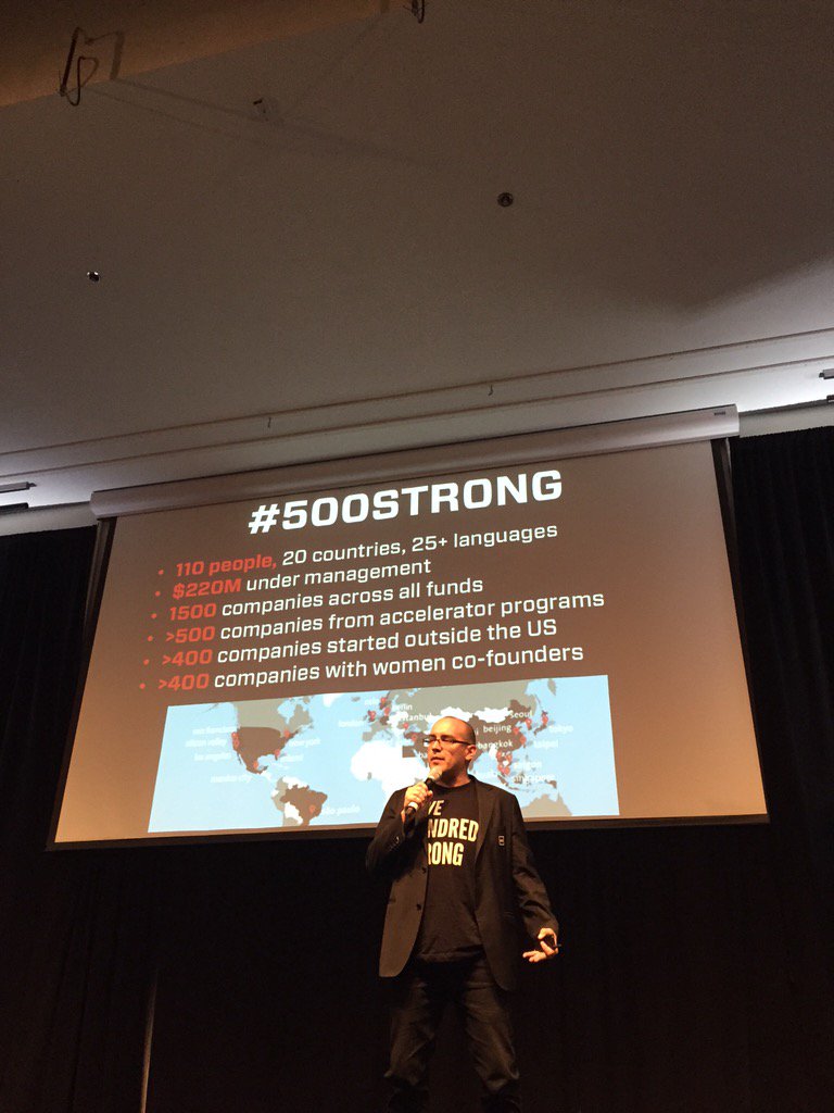 500GlobalVC's tweet photo. "We have 1500 companies in all of our funds, 3 unicorns &amp; venture partners in 20 countries" @davemcclure #500STRONG https://t.co/7J8nnA9d7d