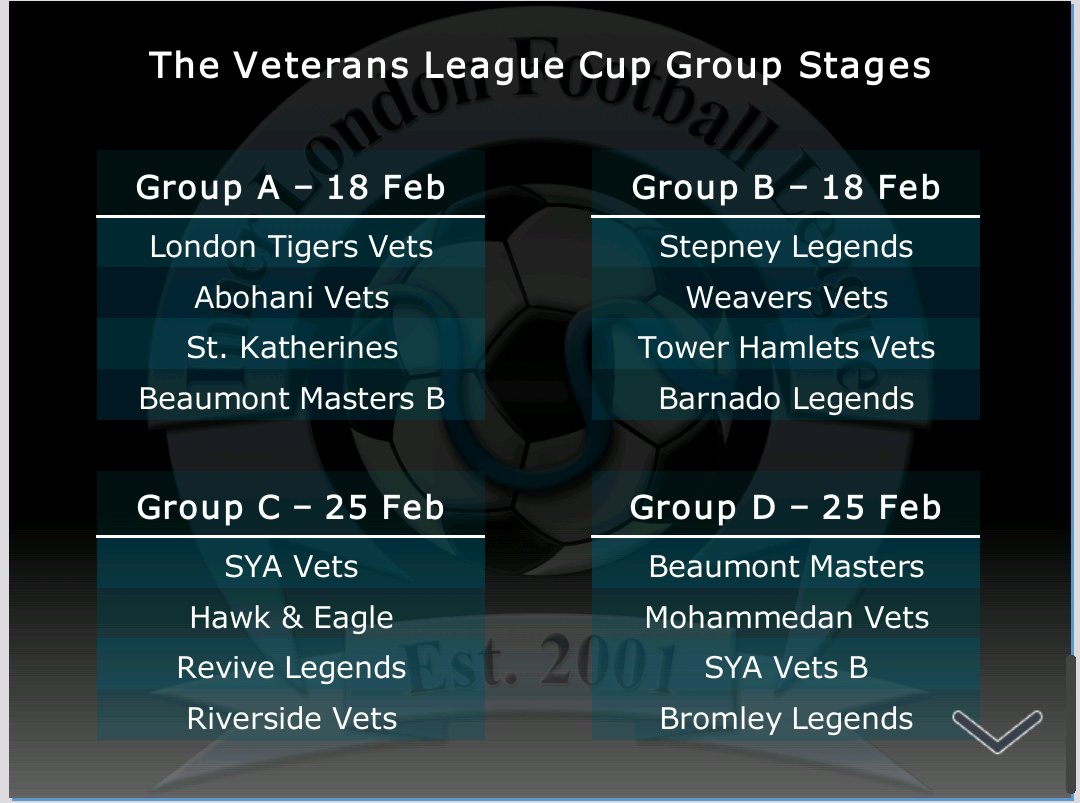 ilflextra's tweet photo. The groups for Vets League Cup following last night's live draw https://t.co/pVAGn99Qj7
