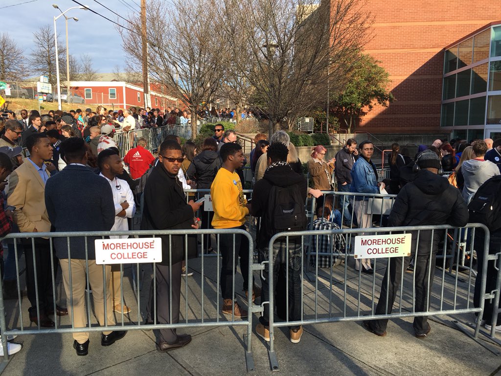 bluestein's tweet photo. A lot of on-the-fence voters in the crowd at @Morehouse lining up to hear Bernie Sanders speak tonight. #gapol https://t.co/vldugu0Axu