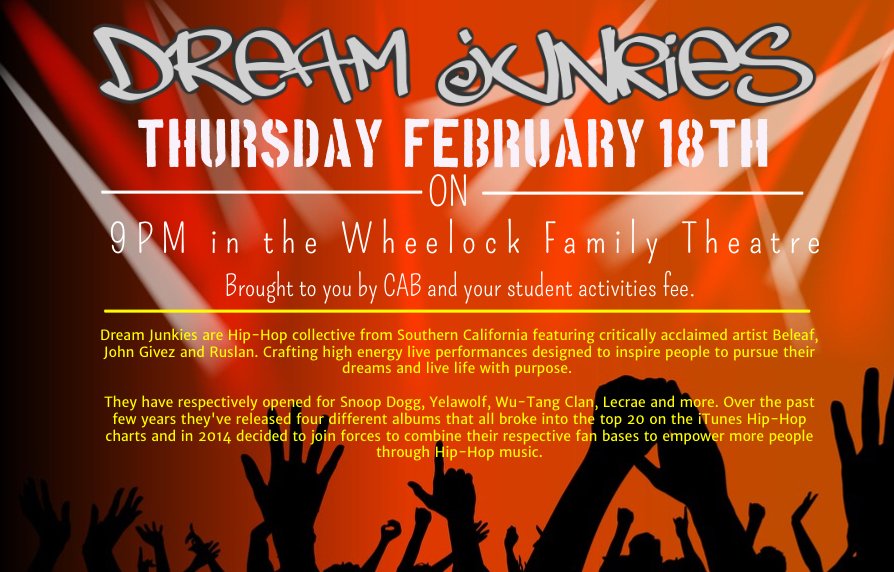 WheelockCAB's tweet photo. Come see the Dream Junkies perform this Thursday, 2/18 @ 9pm! Free admission. Open to the OF! @colleges_fenway https://t.co/UeHBCGTqIc