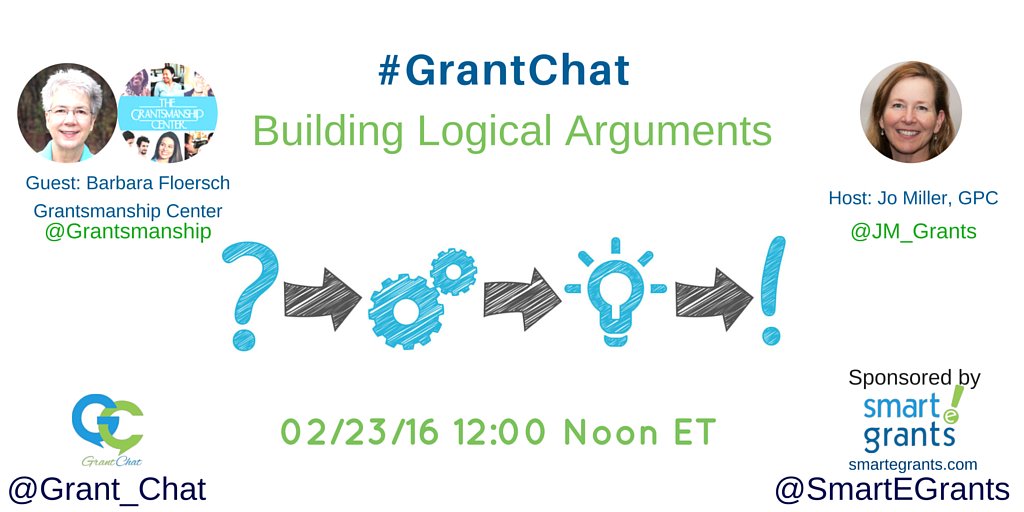 Grantsmanship's tweet photo. Join us next Tuesday, Feb 23 9am PST & 12pm EST for #GrantChat on Building #LogicalArguments https://t.co/cERuJnYweL