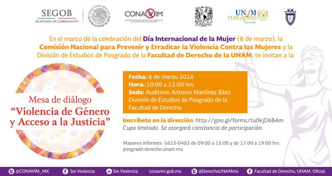 #Entérate de la mesa de dialogo: #ViolenciaDeGénero y Acceso a la Justicia, el 8 de marzo en la Fac de Derecho UNAM