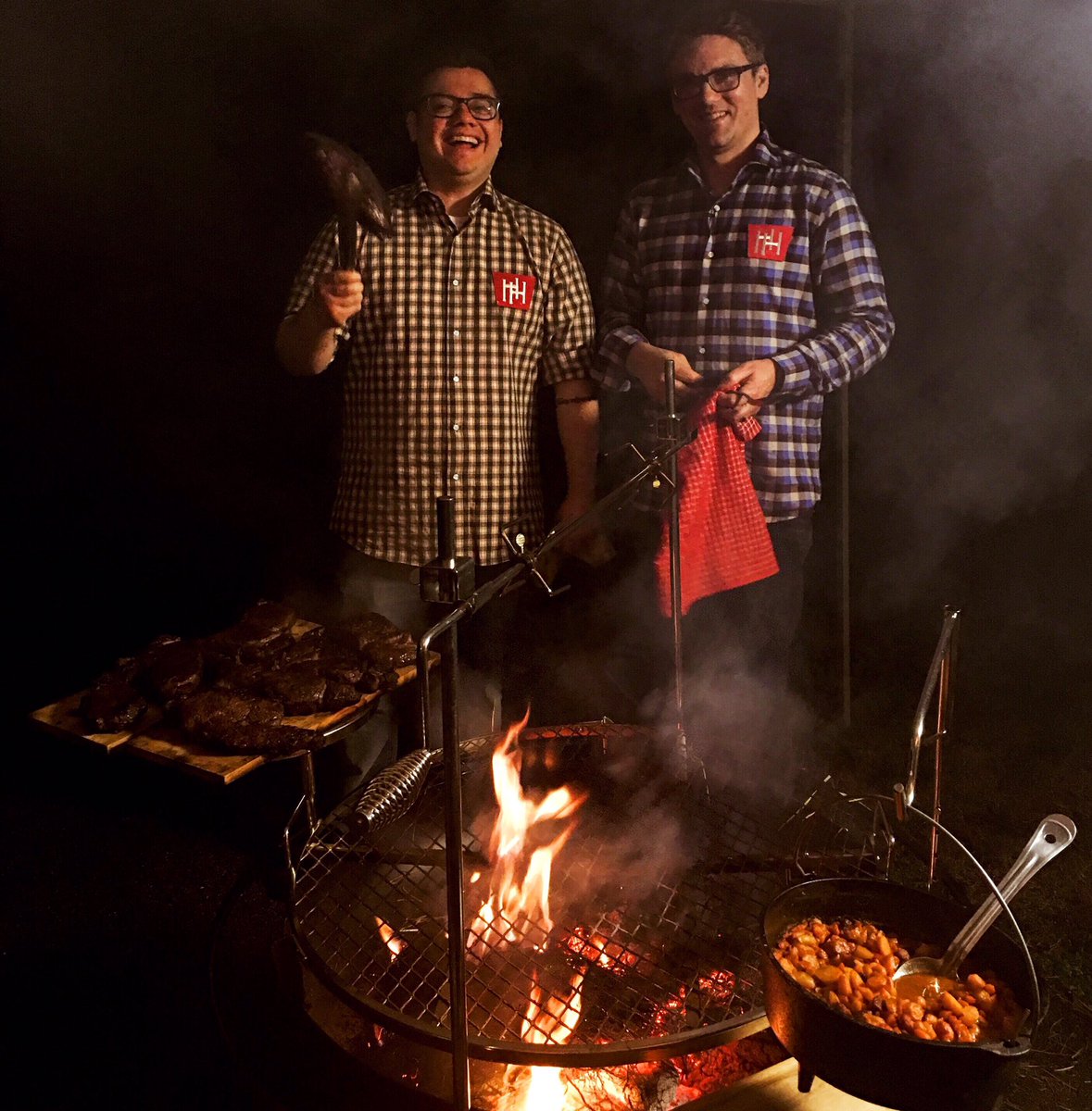 HermitageHotel's tweet photo. Executive #ChefCory and Exec Sous Chef Brad cooking up a storm on their Cowboy Grill #dinnerwithzagat #nashvilleeats https://t.co/QgvmHsowCF