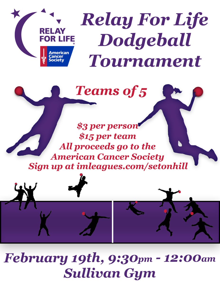 SHURelayForLife's tweet photo. Sign up for the dodgeball tournament that's Friday! $3/person 5 people per team. Support Relay for Life https://t.co/B8OFLpoUnA