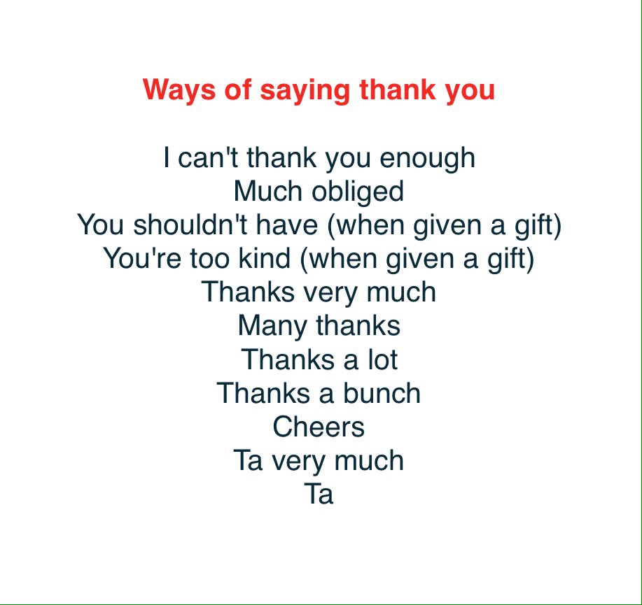 eflforlife's tweet photo. #learnenglish #english #inglés #englisch

Different ways of saying 'thank you' and different ways of replying. https://t.co/tvLXv80T4a