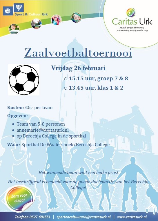 Volgende week vrijdag weer zaalvoetbal! Toernooi voor klas1&amp;2 en aansluitend groep7&amp;8! Geef je op met een team!