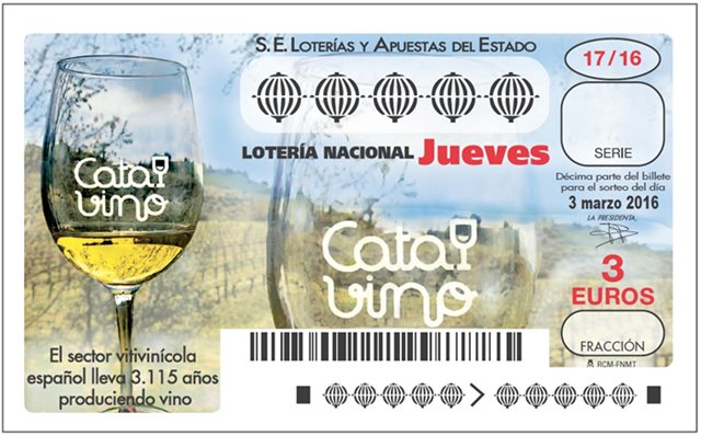 VinosJerez's tweet photo. #Loterías y Apuestas del Estado homenajea al sector del #vino español en su billete del próximo 3 de #marzo https://t.co/akda2RStib