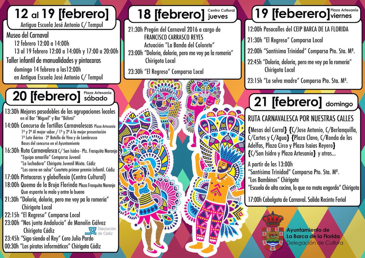 aytolabarca's tweet photo. Desde el Jueves 18 al Domingo 21 de Febrero no te pierdas nuestro Carnaval, coge tu disfraz y ven a disfrutar! https://t.co/VE7CF0r986
