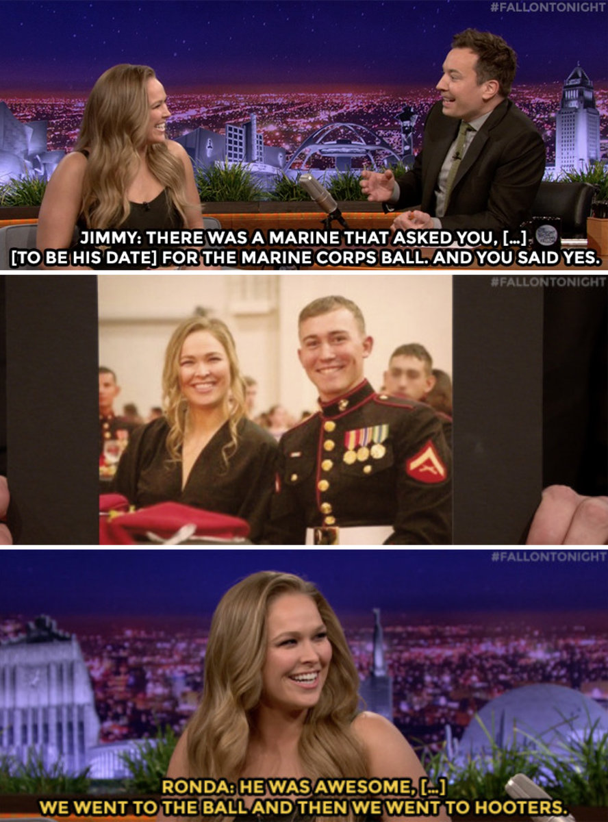 FallonTonight's tweet photo. .@RondaRousey attended the Marine Corps Ball with a fan! #FallonTonightLA https://t.co/aDTAmEKYEI