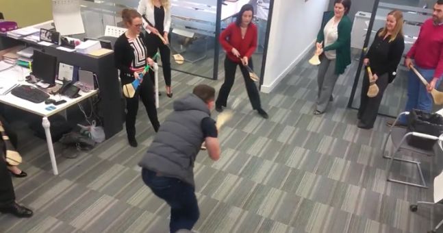 VIDEO: Paul Murphy nails the hurling bin challenge with employees in Kilkenny office bit.ly/1oHr6N5