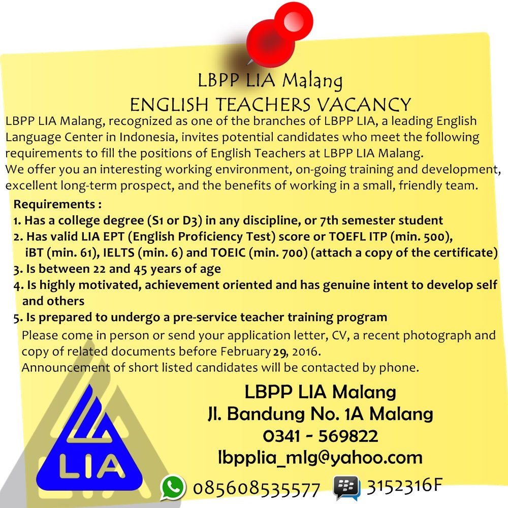 <a href="/infoUINmaliki/">UIN Maliki Malang</a> <a href="/adc_uinmalang/">ADC UIN MALANG</a> <a href="/bsi_humaniora/">BSI UIN Malang</a> The deadline of teacher recruitment is extended to February 29, 2016.