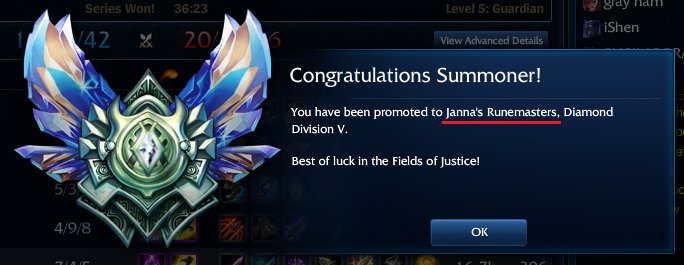 LeonerdBennerd's tweet photo. Hooray! #BackToDiamond And a fitting league name, too. I guess I main Janna now. ¯\_(ツ)_/¯ #RankedStrugglesComplete https://t.co/9Tmng2qrF4