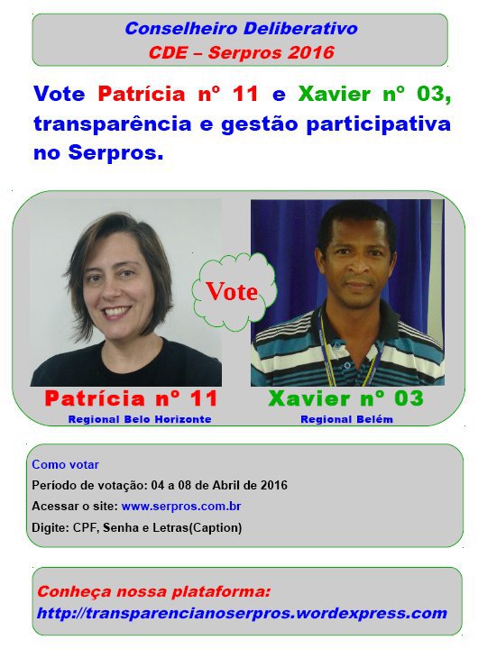 ddxavier's tweet photo. [Colegas SERPRO] - Começando a Campanha ao Conselho Deliberativo - CDE SERPROS. Xavier 03 e Patrícia 11, dia 04/04. https://t.co/JjjO2HXZeD