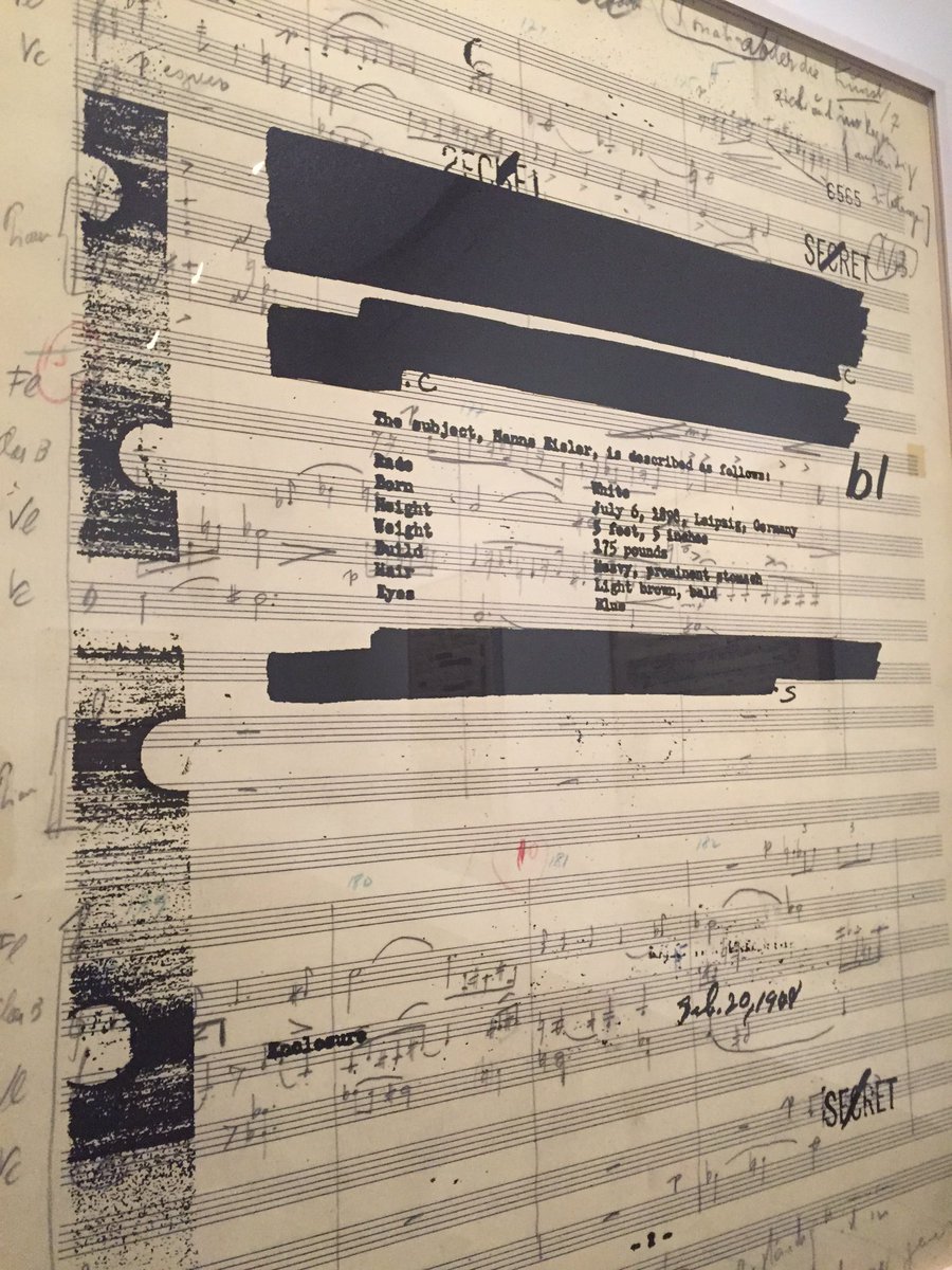 Eisler later accused of communism & blacklisted. Walls show handwritten scores with FBI redactions #SusanPhilipsz