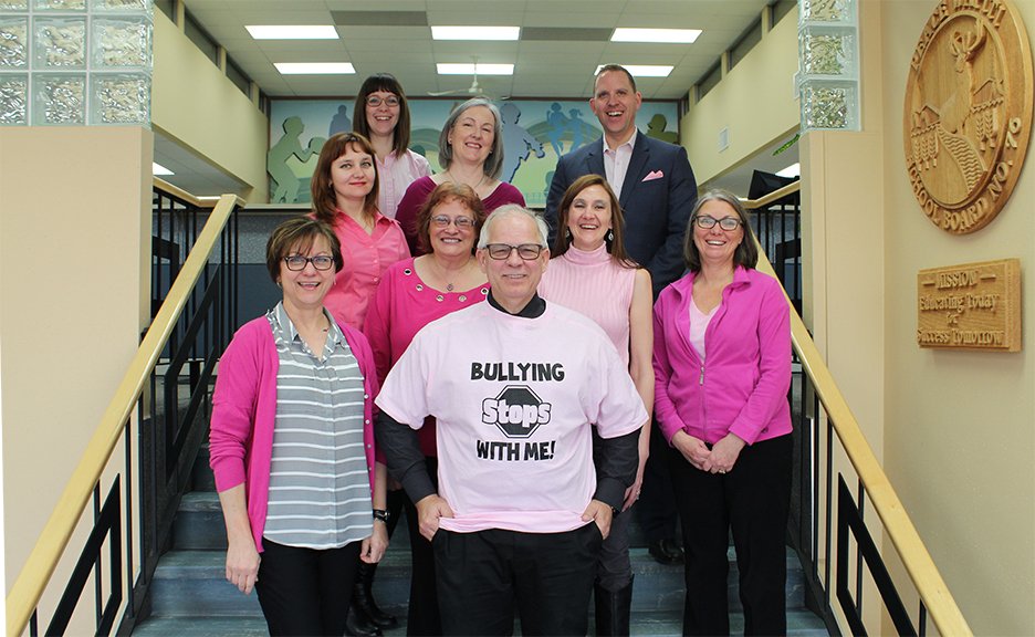 PWPSD's tweet photo. #PWSD76 Central Office staff in #gpab work hard to spread kindness on #PinkShirtDay and every day. #abed https://t.co/cfx5wNp4Qr
