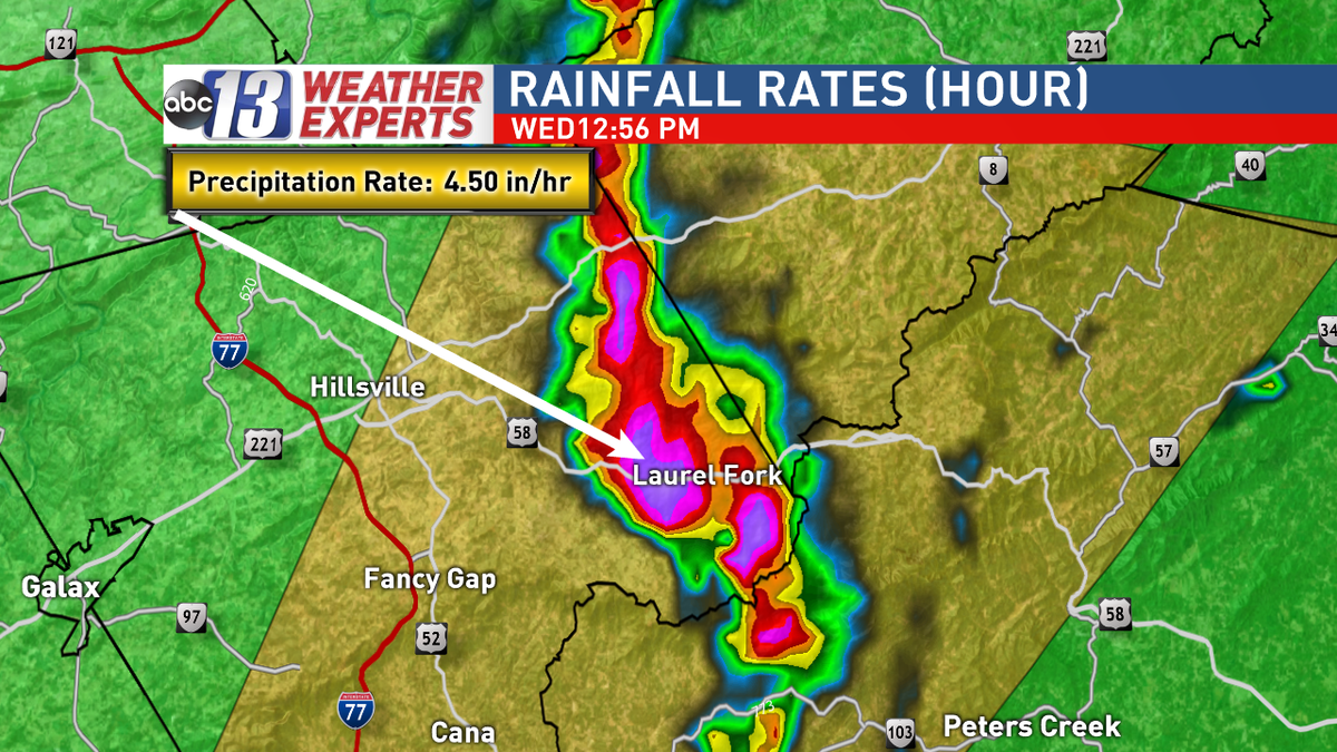 wx_will's tweet photo. The Severe Thunderstorm in Carroll and Floyd Counties is dropping 4.50"/hr rainfall rates. Flash Flooding a concern. https://t.co/k2wSOSM0nC