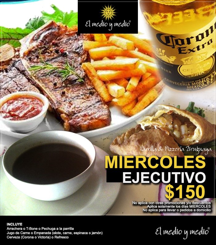 ElMedioyMedio's tweet photo. A partir de hoy TODOS los miércoles...Paquetes Ejecutivos por sólo $150 pesos !! @CdSatelite @restaurantecafe https://t.co/atuHcnICXl