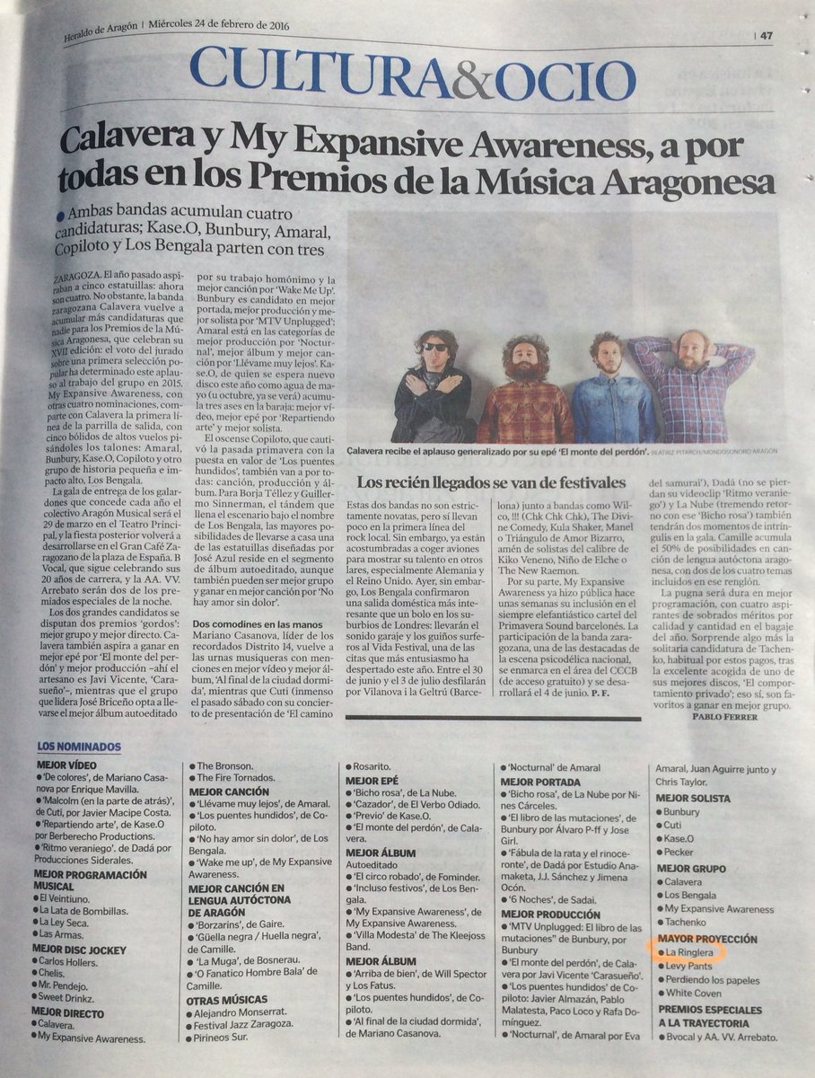 LaRinglera's tweet photo. @heraldoes se hace eco. @LaRinglera en los #premiosMA de @aragonmusical #Conpitera https://t.co/8ExtzUN2kt