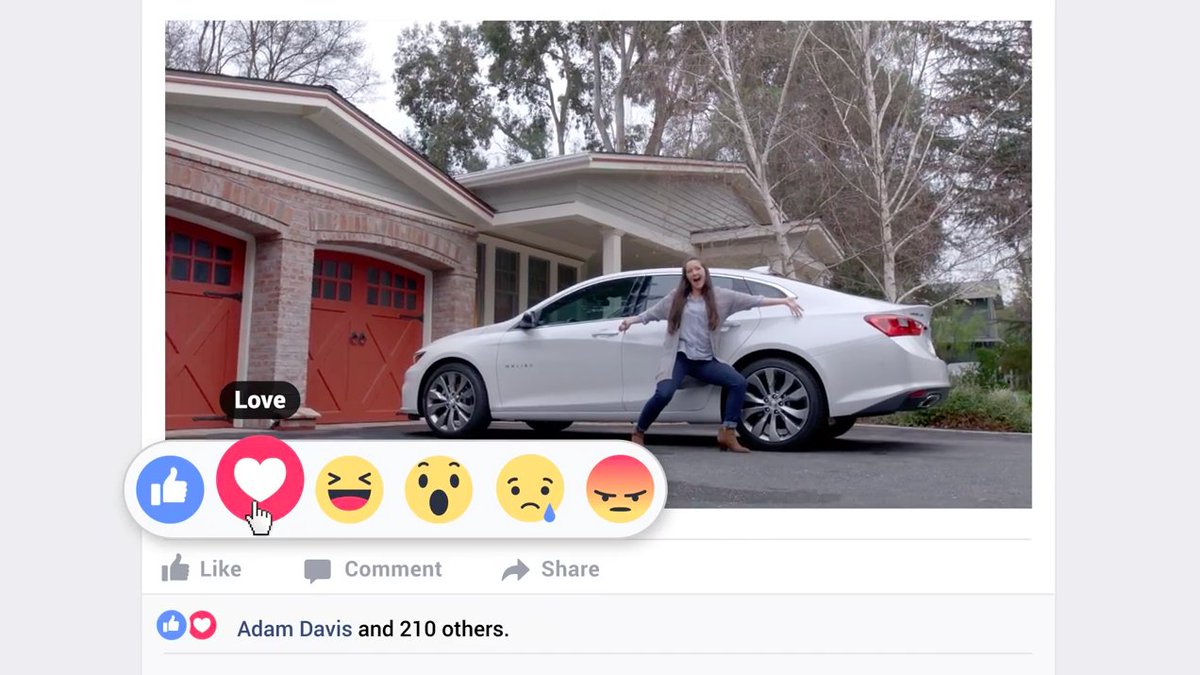 AdFreak's tweet photo. Chevy throws Facebook's Reaction buttons into its new Malibu commercial. https://t.co/OOn6Y3Lk90 https://t.co/xMY5Xmmam0