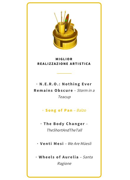 VincenzoSan's tweet photo. Weeeeeeee #nomination per miglior realizzazione artistica! #DragodORO2016 #songofpan @balzoeu #gamesinitaly https://t.co/mjHKlPdpqu