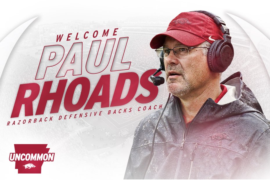 RazorbackFB's tweet photo. Hog fans, welcome Coach Paul Rhoads to the Razorback family! #WoooPig 🐗🏈 https://t.co/OdIgvoZ2W6