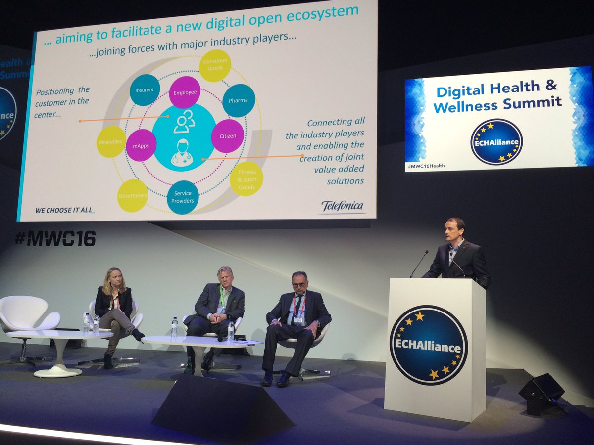 ECHAlliance's tweet photo. "Consumerisation and #IoT are the gamechangers in health" @Jorge_FMiranda @m2mtelefonica #MWC16Health https://t.co/ZoZnJ72zm6