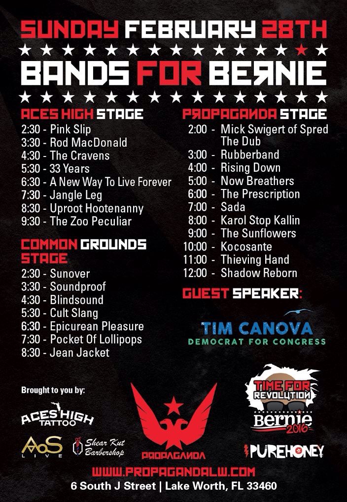 Tim_Canova's tweet image. Will be guest speaker at Bands for Bernie block party at Propaganda Lake Worth on Sunday 2/28 #FeelTheBern #reddit